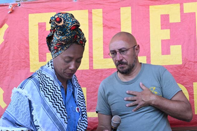 May 22, 2026, Campi Bisenzio, Italia, Italy: Antonella Bundu and Dario Salvetti, former crew members of the Global Sumud Flotilla, at the press conference denouncing the crews, at the former GKN facility. Campi Bisenzio, May 22, 2026