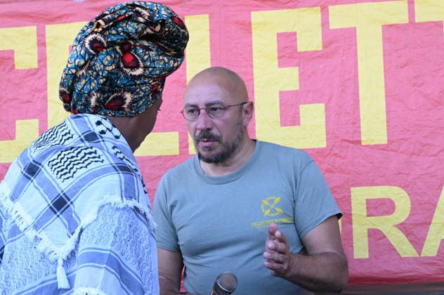 May 22, 2026, Campi Bisenzio, Italia, Italy: Antonella Bundu and Dario Salvetti, former crew members of the Global Sumud Flotilla, at the press conference denouncing the crews, at the former GKN facility. Campi Bisenzio, May 22, 2026