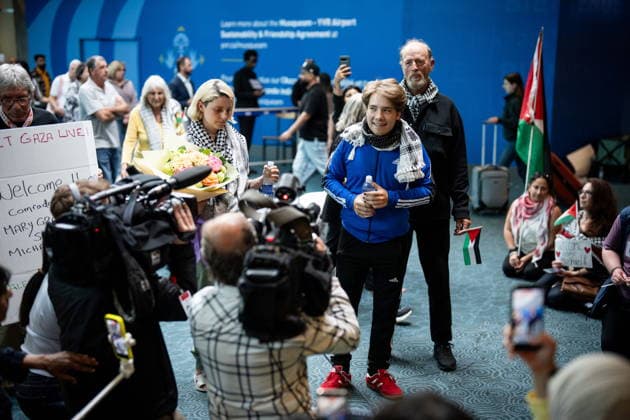 May 24, 2026, Vancouver, Bc, CANADA: Mary Grace Mathisen, left to right, Sebastian Tow, and Michael France, members of the Gaza bound flotilla which was detained by Israel, arrive at the Vancouver International Airport in Richmond B.C., on Sunday, May 24, 2026. Vancouver CANADA - ZUMAc35_ 20260524_zaf_c35_153 Copyright: xEthanxCairnsx