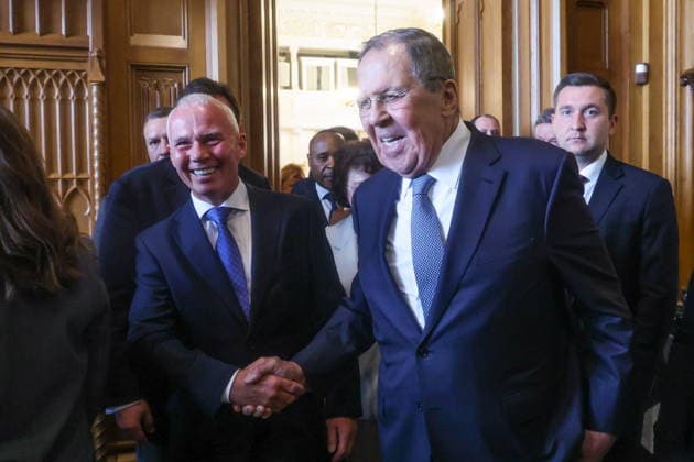 RUSSIA, MOSCOW - MAY 25, 2026: Russia s Minister of Foreign Affairs Sergei Lavrov (R front) during a reception for the heads of missions at the Reception House of Russia’s Ministry of Foreign Affairs on Africa Day. Sergei Fadeichev TASS  93026910