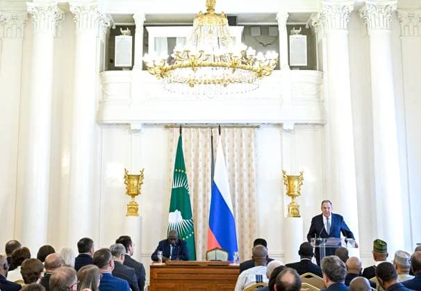 Russia Africa Day 9173275 25.05.2026 Russian Foreign Minister Sergey Lavrov and Cameroonian Ambassador to Russia Mahamat Paba Sale, centre, attend a gala reception for heads of diplomatic missions to mark Africa Day in Moscow, Russia. Kristina Solovyova Sputnik Moscow Russia  Copyright: xKristinaxSolovyovax
