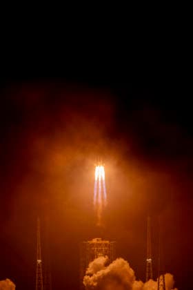 WENCHANG, CHINA - MAY 27: A Long March-7A carrier rocket carrying satellite blasts off from Wenchang Spacecraft Launch Site on May 27, 2026 in Wenchang, Hainan Province of China. Launched at 00:16 (Beijing Time) aboard a Long March-7A carrier rocket, the satellite has successfully entered its planned orbit. The launch marks the 645th mission of the Long March series carrier rockets.  Copyright: xVCGx 111644298983