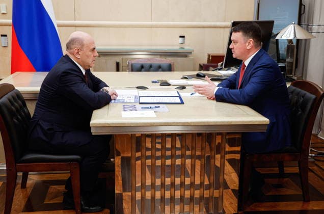 RUSSIA, MOSCOW - MAY 27, 2026: Russia s Prime Minister Mikhail Mishustin (L) and Chairman of the Social Fund of Russia Sergei Chirkov hold a meeting at the House of the Russian Government. Dmitry Astakhov POOL TASS  93084542