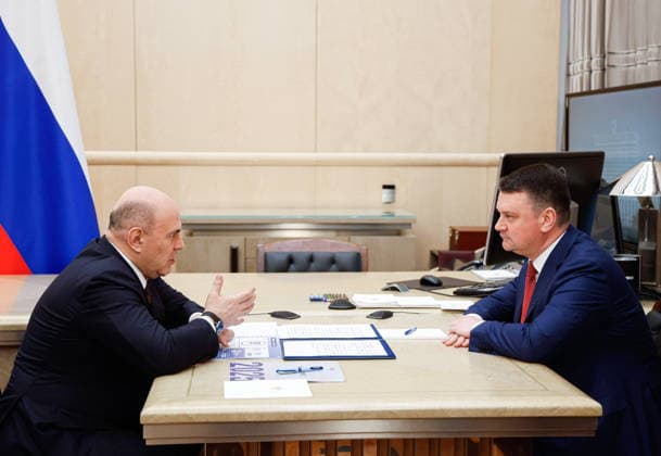 RUSSIA, MOSCOW - MAY 27, 2026: Russia s Prime Minister Mikhail Mishustin (L) and Chairman of the Social Fund of Russia Sergei Chirkov hold a meeting at the House of the Russian Government. Dmitry Astakhov POOL TASS  93084545