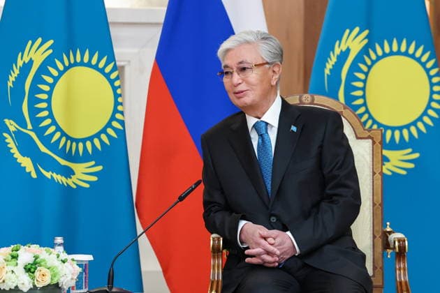 KAZAKHSTAN, ASTANA - MAY 28, 2026: Kazakhstan s President Kassym-Jomart Tokayev looks on during a meeting with Russia s President Vladimir Putin at the Independence Palace Astana Kazakhstan  - ZUMAt113 20260528_zaa_t113_090 Copyright: xAlexanderxKazakovx