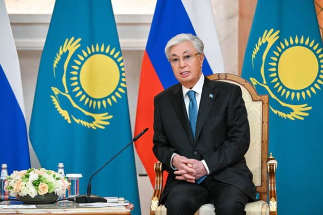 KAZAKHSTAN, ASTANA - MAY 28, 2026: Kazakhstan s President Kassym-Jomart Tokayev looks on during a meeting with Russia s President Vladimir Putin at the Independence Palace Astana Kazakhstan  - ZUMAt113 20260528_zaa_t113_088 Copyright: xSergeixBobylevx