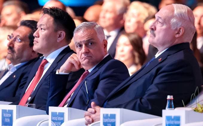 Kazakhstan Eurasian Economic Forum 9175644 28.05.2026 Belarusian President Alexander Lukashenko, Armenian Deputy Prime Minister Mher Grigoryan, Mongolian Deputy Prime Minister Nyamtaishiryn Nomtoibayar and Iranian Minister of Industry, Mines, and Trade Seyed Mohammad Atabak attend a plenary session of the 5th Eurasian Economic Forum (EEF) at the Astana Congress Centre in Astana, Kazakhstan. Alexander Kazakov Sputnik Astana Kazakhstan  Copyright: xAlexanderxKazakovx