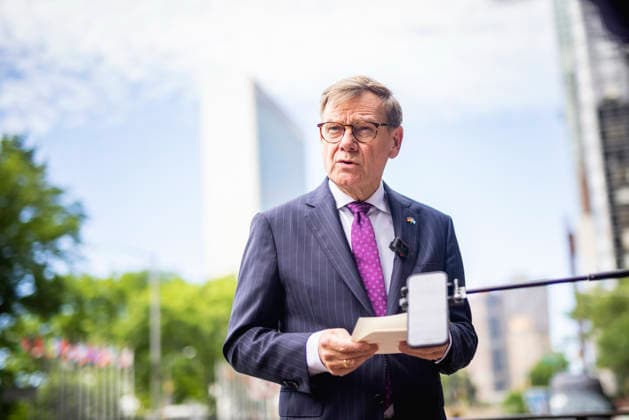 Johann Wadephul (CDU), Bundesaussenminister, aufgenommen im Rahmen eines Pressestatements in New York City, 29.05.2026. Der Minister reist in die USA fuer die Wahl zum nichtstaendigen Sitz im Sicherheitsrat der Vereinten Nationen. Fotografiert im Auftrag des Auswaertigen Amtes New York City Vereinigte Staaten von Amerika Copyright: xJulianexSonntag AAx