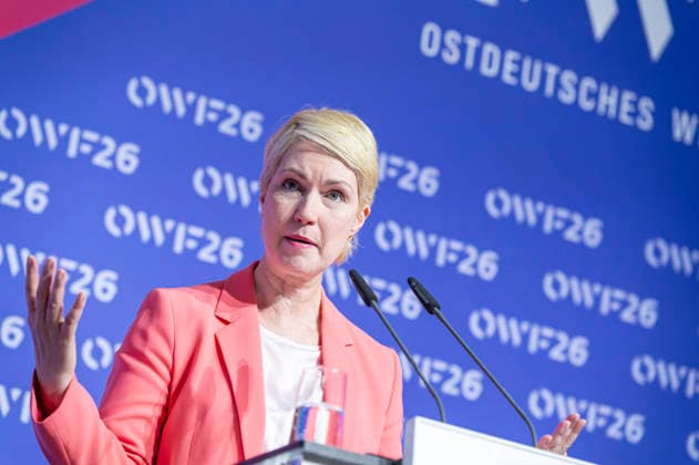 Manuela Schwesig - OWF26 EUR, Deutschland, Berlin, 31.05.2026: Keynote von Manuela Schwesig (SPD) Ministerpräsidentin des Landes Mecklenburg Vorpommern zur Konferenz des Ostdeutschen Wirtschaftsforum unter dem Leitgedanken Eine neue (Un)Ordnung, welche Rolle spielt Deutschland und Europa im globalen Systemwettbewerb? Ostdeutschland steht dabei im Mittelpunkt als Region. Die Transformation im Gespräch zwischen Politik, Wirtschaft und Gesellschaft