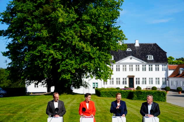 DENMARK Government Platform Presented Party leaders Mette Frederiksen (S), Pia Olsen Dyhr (SF), Lars Loekke Rasmussen (M), and Martin Lidegaard (RV) present the government platform for a new government in Denmark, at Marienborg on Tuesday, June 2, 2026. (Photo: Mads Claus Rasmussen Scanpix 2026) , Kgs. Lyngby Denmark Copyright: MadsxClausxRasmussenx spdk20260602-160637-L