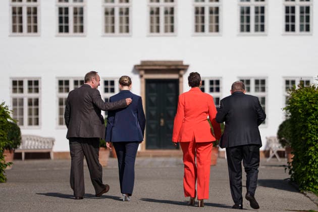 DENMARK The Government Platform is Presented Party leaders Martin Lidegaard (Radikale Venstre), Pia Olsen Dyhr (SF), incoming Prime Minister Mette Frederiksen (Social Democrats), and Lars Loekke Rasmussen (Moderates) present the government platform for a new government in Denmark, at Marienborg in Kongens Lyngby, Tuesday, June 2, 2026. (Photo: Liselotte Sabroe Ritzau Scanpix) , Copenhagen Denmark Copyright: Ritzau Scanpix LiselottexSabroex spdk20260602-174944-L
