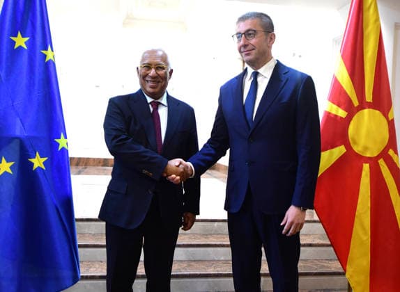Hristijan Mickoski Prime Minister of North Macedonia welcomes Antonio Costa European Council President in Skopje, North Macedonia, 2 Juney 2026. IMAGO PETR STOJANOVSKI