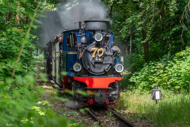 Am Jubiläumswochenende am 6. und 7. Juni 2026 feiert die Parkeisenbahn im Volkspark Wuhlheide in Berlin-Köpenick ihren 70. Geburtstag. Auf der Strecke verkehren gleich vier Züge, gezogen von historischen Dampflokomotiven und Diesellokomotiven. Auf dem Foto ein von einer historischen Dampflok gezogener Zug.