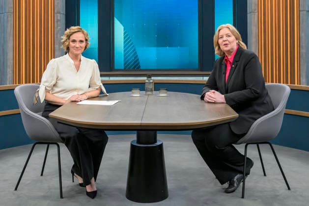 im Bild v.l.: Caren Miosga, Bärbel Bas (SPD), Parteivorsitzende, Bundesministerin für Arbeit und Soziales GER, Berlin, Studio, zu Gast bei - Caren Miosga, Polittalk, TV, Format, Aufzeichnung, Live, Das Erste, aus Adlershof - am Studio 20, Thema: Ist die SPD bereit für große Reformen, Frau Bas?, 07.06.2026, Copyright: HMBxMedia UwexKoch