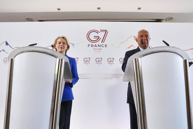 Évian-les-Bains, Frankreich, 15.06.2026: Hotel Ermitage: G7-Gipfel: Pressekonferenz mit EU-Kommissionspräsidentin Ursula von der Leyen und EU-Ratspräsident Antonio Costa Copyright: xdtsxNachrichtenagenturx dts_123039