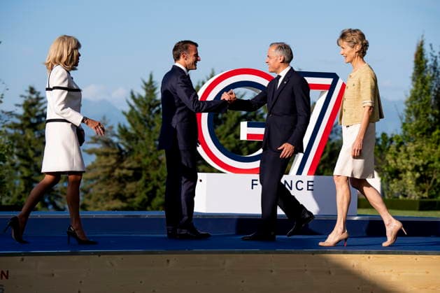 June 15, 2026, Evian-Les-Bains, France: Prime Minister Mark Carney, right, is greeted by Emmanuel Macron, President of France, during the G7 summit in Evian-les-Bains, France on Monday, June 15, 2026. Evian-Les-Bains France - ZUMAc35_ 20260615_zaf_c35_050 Copyright: xChristopherxKatsarovx