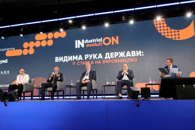 Deputy Chairperson of the Verkhovna Rada of Ukraine Committee on Economic Development Dmytro Kysylevskyi, Deputy Minister of Economy, Environment and Agriculture of Ukraine Vitalii Kindrativ, Director General of the Federation of Employers of Ukraine Ruslan Illichov, Biopharma Plasma President Kostiantyn Yefymenko and journalist and TV presenter Oleh Paniuta (L to R) participate in the Industrial Evolution: Production Turns On Economy Forum, Bila Tserkva, Kyiv region, Ukraine, June 18, 2026. The event brought together more than 1,500 participants, including leading industrialists and entrepreneurs, representatives of central and local authorities, Ukrainian and international businesses, bankers and investors. The event brought together mo  Copyright: xVolodymyrxTarasovx