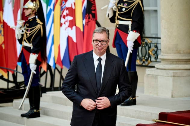President of Serbia Aleksandar Vucic received at the Elysee Palace on July 13, 2026, for a dinner on the margins of the summit of the Coalition of the Willing. - 13 07 2026 - France Paris -  AntoninxBuratx xLexPictorium LePictorium_0338833