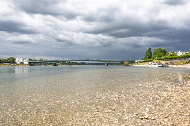Niedrigwasser am Rhein in Bonn-Beuel Niedrigwasser am Rhein: Bei einem Pegelstand von 125 cm am Pegel Bonn liegt das Flussbett am Beueler Rheinufer bis auf die tiefer liegende Fahrrinne trocken. Blick nach Norden auf die stark befahrene Kennedybrücke, im Hintergrund die gesperrte Nordbrücke (Friedrich-Ebert-Brücke). Bonn Beuel Nordrhein-Westfalen Deutschland Copyright: xMarcxJohnx