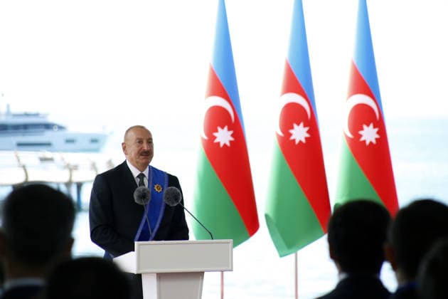 Ilham Aliyev - Kyrgyz President Sadyr Japarov meeting in Kyrgyzstan CHOLPON-ATA, KYRGYZSTAN - JULY 31: Azerbaijani President Ilham Aliyev delivers remarks after receiving the Order of Manas, First Class, Kyrgyzstan s highest state decoration, during a ceremony at the Ruh Ordo Chingiz Aitmatov Cultural Center on the shores of Lake Issyk-Kul, on July 31, 2026 in Cholpon-Ata, Kyrgyzstan. Nazir Aliyev Tayfur Anadolu Cholpon-ata Kyrgyzstan. Editorial use only. Please get in touch for any other usage.  Copyright: x2026xAnadoluxNazirxAliyevxTayfurx