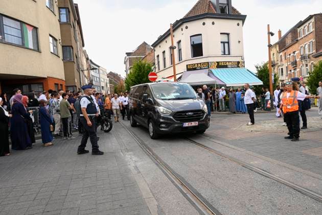 Funeral Of Driss Atounane EVERE, BELGIUM - JULY 31: Prayer gathering in Schaerbeek departs to the funeral of Driss Atounane in Evere, who died as a result of injuries sustained after intervening to defend a STIB passenger who was the victim of racist insults and physical assault pictured on July 31, 2026 in Evere, Belgium, 31 07 2026 Evere Belgium  Copyright: xPhilipxReynaersx