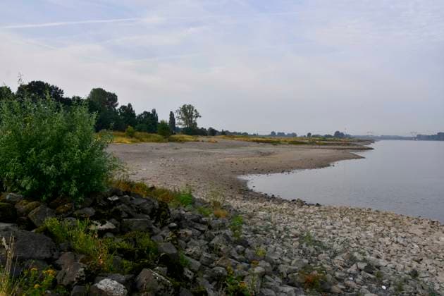 ABB RHEIN- Fahrwasser des Rhein Niedrigwasser Rheinufer, bei Düsseldorf Oberkassel Zur Zeit Eingeschrenkter Schiffsverkehr auf dem Rhein bei Oberkassel Rheinbruecke Binnenschiffer Lastschiff Frachtschiff Transportschiff Lastkahn zur Zeit nicht voll beladen auf dem Rhein Wasser unterwegs Düsselorf 31.07.2027 Der Rhein hat einen sehr niedrigen Wasserstand extremes Niedrigwasser Rheinpegel unter 40 cm Tendenz fallend NRW Deutschland