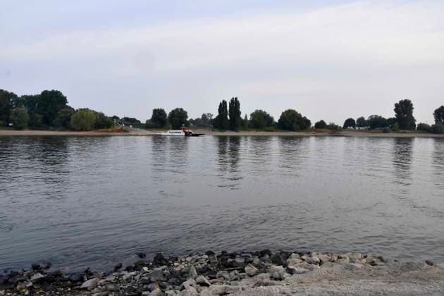 ABB RHEIN- Fahrwasser des Rhein Niedrigwasser Rheinufer, bei Düsseldorf Oberkassel Zur Zeit Eingeschrenkter Schiffsverkehr auf dem Rhein bei Oberkassel Rheinbruecke Binnenschiffer Lastschiff Frachtschiff Transportschiff Lastkahn zur Zeit nicht voll beladen auf dem Rhein Wasser unterwegs Düsselorf 31.07.2027 Der Rhein hat einen sehr niedrigen Wasserstand extremes Niedrigwasser Rheinpegel unter 40 cm Tendenz fallend NRW Deutschland