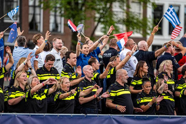 August 1, 2026, Amsterdam, North Holland, Netherlands: Dutch police officers joined Amsterdam Pride s Canal Parade on August 1, 2026, in Amsterdam, the Netherlands. Hundreds of thousands of spectators joined the 30th edition of the Pride Canal Parade, the highlight of WorldPride Amsterdam 2026. This yearâ€⠢s parade also included the WorldPride Stadium grandstand, with seating for approximately 10,000 people to watch as floats pass. Amsterdam Netherlands - ZUMAp202 20260801_zip_p202_102 Copyright: xJamesxPetermeierx