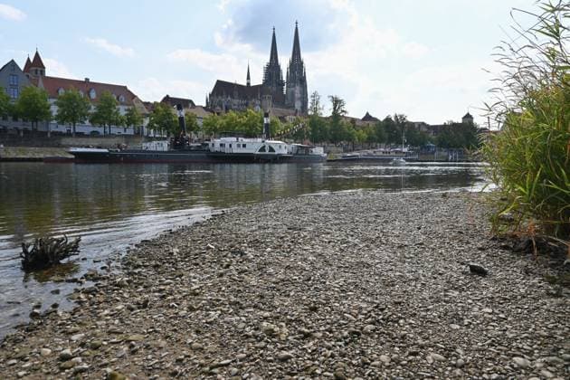 Niedrigwasser der Donau in Regensburg, Bayern. Die Donau führt an mehreren Stellen so wenig Wasser wie nie seit Beginn der Aufzeichnungen. Die Folgen sind weitreichend. Der Fluss hat einen rekordniedrigen Wasserstand erreicht. An der Messstelle im bayerischen Pfelling liegt der Pegel nach Daten von Elwis, dem Informationssystem der Wasserstrassen- und Schifffahrtsverwaltung, bei 216 Zentimetern. Er unterschreitet damit den bisherigen Tiefstwert von 221 Zentimetern aus dem August 2022. Während das Niedrigwasser weiter flussabwärts die Wirtschaft lahmlegt, trifft es in Deutschland vor allem die Flusskreuzfahrt.