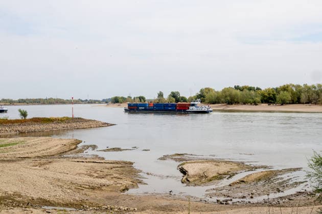 Niedriger Rheinpegel am Pegel Rees Für den 03.08.2026 wurde durch die Wasserstraßen- und Schifffahrtsverwaltung des Bundes ein Pegelstand von 32 cm veröffentlicht. Für die Binnenschifffahrt stellt der niedrige Pegel ein Problem dar. Sinkt er zu weit ab, dürfen Schiffe nicht mehr voll Rees, Nordrhein-Westfalen, DEU, Deutschland, 03.08.2026