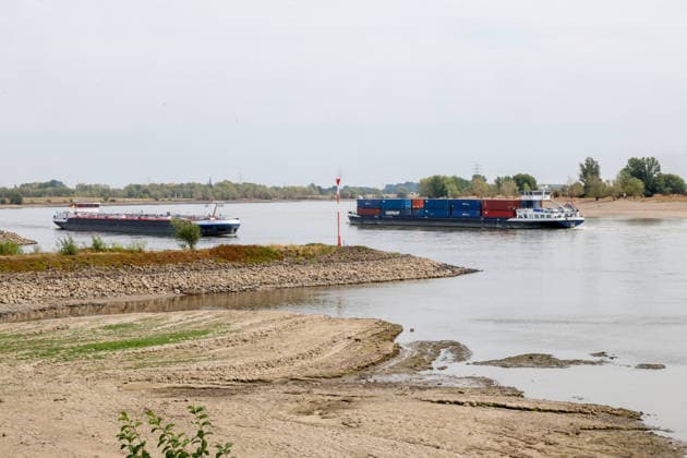 Niedriger Rheinpegel am Pegel Rees Für den 03.08.2026 wurde durch die Wasserstraßen- und Schifffahrtsverwaltung des Bundes ein Pegelstand von 32 cm veröffentlicht. Für die Binnenschifffahrt stellt der niedrige Pegel ein Problem dar. Sinkt er zu weit ab, dürfen Schiffe nicht mehr voll Rees, Nordrhein-Westfalen, DEU, Deutschland, 03.08.2026