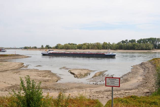 Niedriger Rheinpegel am Pegel Rees Für den 03.08.2026 wurde durch die Wasserstraßen- und Schifffahrtsverwaltung des Bundes ein Pegelstand von 32 cm veröffentlicht. Für die Binnenschifffahrt stellt der niedrige Pegel ein Problem dar. Sinkt er zu weit ab, dürfen Schiffe nicht mehr voll Rees, Nordrhein-Westfalen, DEU, Deutschland, 03.08.2026