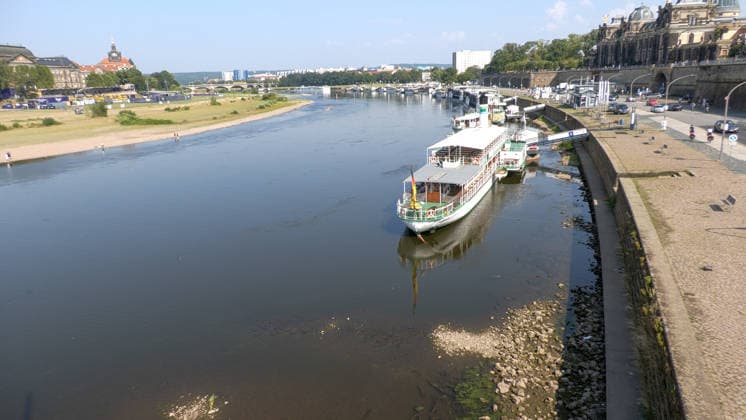 Die Pegel sinken weiter. Anhaltende Trockenheit verschärft das Niedrigwasser an den deutschen Flüssen weiter. Betroffen ist auch die Elbe bei Dresden. In Dresden zeigte die Pegelanzeige am Dienstagnachmittag nur noch 40 cm an. Die Dampfschifffahrt steht fast komplett still und sitzt auf dem Trockenen. Einheimische gehen mitten in der Elbe, auf kleinen Inseln, baden. Dort, wo eigentlich die Elbe entlang fließt, ist mittlerweile viel Wildwuchs entstanden. Und auch aus Tschechien kommt kaum Wasser nach. Die Situation wird mit Tag zu Tag immer dramatischer. Dresden Sachsen Deutschland