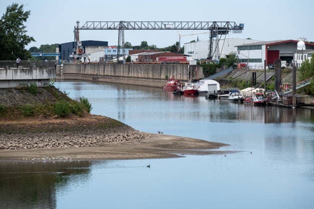 Historisches Niedrigwasser im Rhein, die Wasserschutzpolizei Duesseldorf meldet mit 23cm den niedrigsten in Duesseldorf gemessenen Rheinpegel, Der niedrige Wasserstand hat eine Landzunge sichtbar werden lassen, im Hintergrund die Einfahrt zu den Hafenbecken, Duesseldorf, 04.08.2026