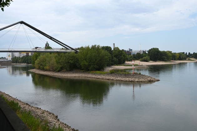 Historisches Niedrigwasser im Rhein, die Wasserschutzpolizei Duesseldorf meldet mit 23cm den niedrigsten in Duesseldorf gemessenen Rheinpegel, Tiefer Wasserstand, links die Einfahrt zum Duesseldorfer Hafen, Duesseldorf, 04.08.2026