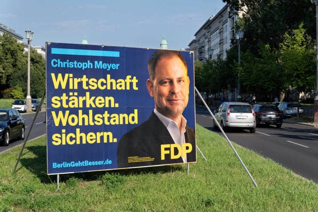 Berlin,04.08.2026,Wahlplakat der Partei FDP Christoph Meyer zur Wahl zum 20.Abgeordnetenhaus von Berlin sowie zu den Bezirksverordnetenversammlungen am 20.09.2026.