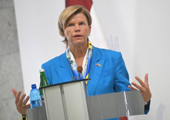 Minister of Foreign Affairs of the Republic of Latvia Baiba Braze, who is in Kyiv on a two-day visit, attends a joint news conference with Acting Minister of Foreign Affairs of Ukraine Andrii Sybiha following their negotiations, Kyiv, Ukraine, August 5, 2026. During the meeting, the sides discussed military support, Ukraine’s European integration, the expansion of logistical routes, and holding the Russian Federation accountable for war crimes. (Photo by Yevhen Kotenko Ukrinform) News conference of Ukrainian, Latvian FMs in Kyiv  Copyright: xYevhenxKotenkox