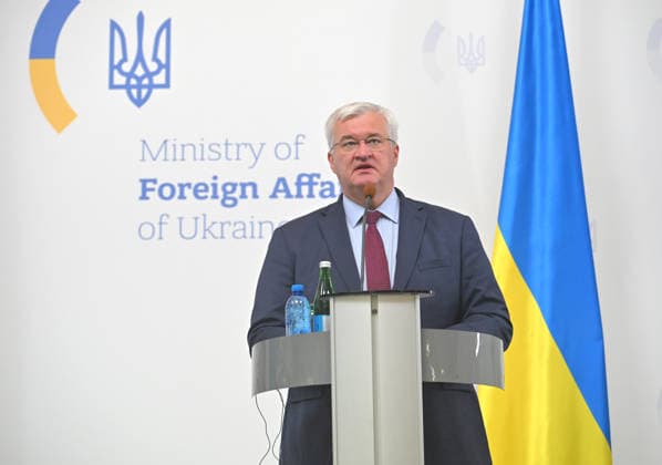 Acting Minister of Foreign Affairs of Ukraine Andrii Sybiha attends a joint news conference with Minister of Foreign Affairs of the Republic of Latvia Baiba Braze following their negotiations, Kyiv, Ukraine, August 5, 2026. During the meeting, the sides discussed military support, Ukraine’s European integration, the expansion of logistical routes, and holding the Russian Federation accountable for war crimes. (Photo by Yevhen Kotenko Ukrinform) News conference of Ukrainian, Latvian FMs in Kyiv  Copyright: xYevhenxKotenkox