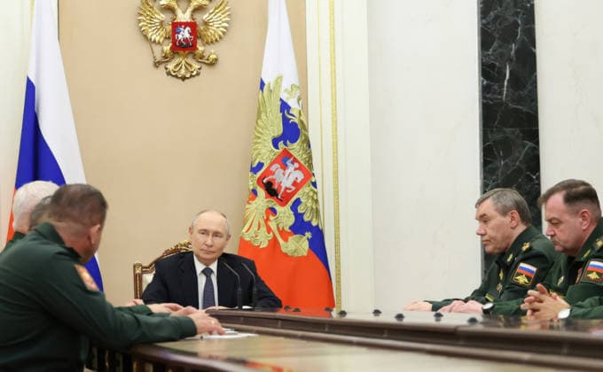 August 5, 2026, Moscow, Moscow Oblast, Russia: Russian President Vladimir Putin chairs a meeting with senior defense officials at the Kremlin, August 5, 2026 in Moscow, Russia. Sitting from right: Tsentr battlegroup commander Lt. Gen. Andrei Ivanaev, Chief of the General Staff of the Russian Armed Forces Gen. Valery Gerasimov. Moscow Russia - ZUMAp138 20260805_zaa_p138_002 Copyright: xAlexanderxKazakov RussianxGovernx