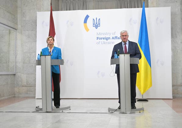 News conference of Ukrainian, Latvian FMs in Kyiv Minister of Foreign Affairs of the Republic of Latvia Baiba Braze and Acting Minister of Foreign Affairs of Ukraine Andrii Sybiha hold a joint news conference following their negotiations, Kyiv, Ukraine, August 5, 2026. During the meeting, the sides discussed military support, Ukraine™s European integration, the expansion of logistical routes, and holding the Russian Federation accountable for war crimes., Credit:Yevhen Kotenko Ukrinform Avalon Ukraine, Kyiv  Copyright: xYevhenxKotenkox xUkrinformx xAvalonx 1120845266