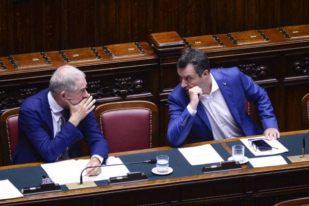 Foto IPP Marco Mattei Roma 05 08 2026 Camera dei deputati Question Time nella foto Adolfo Urso ministro delle imprese e del made in Italy con Matteo Salvini vicepresidente del Consiglio dei ministri della Repubblica Italiana e ministro delle Infrastrutture e dei Trasporti Italy Photo Press - World Copyright .