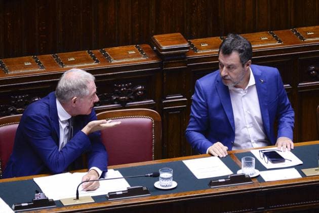 Foto IPP Marco Mattei Roma 05 08 2026 Camera dei deputati Question Time nella foto Adolfo Urso ministro delle imprese e del made in Italy con Matteo Salvini vicepresidente del Consiglio dei ministri della Repubblica Italiana e ministro delle Infrastrutture e dei Trasporti Italy Photo Press - World Copyright .