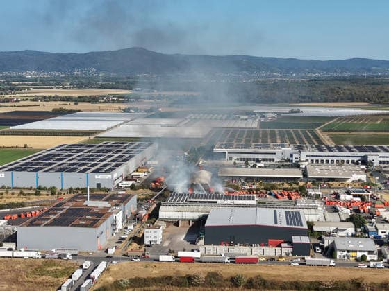 Von Weitem sichtbar die Rauchentwicklung der Brandstelle bei Abfallentsorger Meinhardt - Gernsheim 06.08.2026: Brand bei Meinhardt