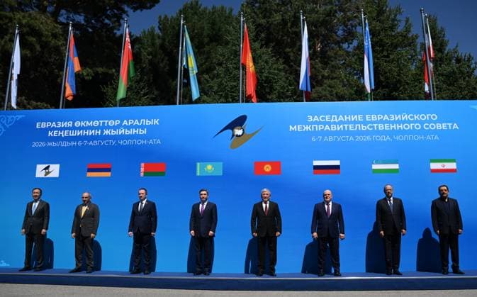 Kyrgyzstan Eurasian Intergovernmental Council 9218443 07.08.2026 Chairman of the Eurasian Economic Commission (EEC) board Bakytzhan Sagintayev, Armenian Prime Minister Nikol Pashinyan, Belarusian Prime Minister Alexander Turchin, Kazakh Prime Minister Olzhas Bektenov, Kyrgyz Prime Minister - Head of the Presidential Administration Adylbek Kasymaliev, Russian Prime Minister Mikhail Mishustin, Uzbek Prime Minister Abdulla Aripov and Iranian Minister of Industry, Mine and Trade Mohammad Atabak pose for a family photo before an expanded format meeting of the Eurasian Intergovernmental Council in Cholpon-Ata, Kyrgyzstan. Kirill Zykov Sputnik Cholpon-Ata Kyrgyzstan  Copyright: xKirillxZykovx
