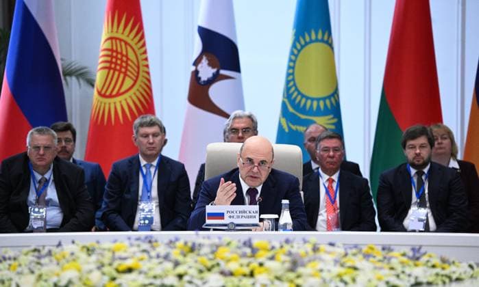 Kyrgyzstan Eurasian Intergovernmental Council 9218451 07.08.2026 Russian Prime Minister Mikhail Mishustin attends an expanded format meeting of the Eurasian Intergovernmental Council in Cholpon-Ata, Kyrgyzstan. Kirill Zykov Sputnik Cholpon-Ata Kyrgyzstan  Copyright: xKirillxZykovx