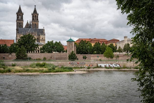 Deutlich niedriger Wasserstand in der Elbe im August 2026 - mit Magdeburger Dom;Niedrigwasser der Elbe in Magdeburg im Sommer 2026, Magdeburg Sachsen-Anhalt Deutschland Elbufer