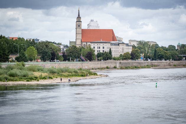 Deutlich niedriger Wasserstand in der Elbe im August 2026;Niedrigwasser der Elbe in Magdeburg im Sommer 2026, Magdeburg Sachsen-Anhalt Deutschland Elbufer