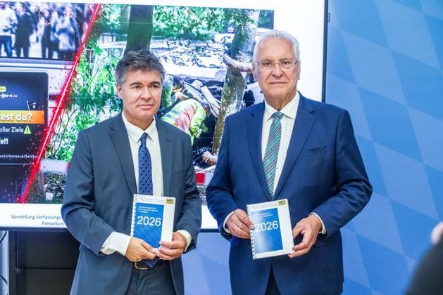 August 11, 2026, Munich, Bavaria, Germany: JOACHIM HERRMANN and MANFRED HAUSER. The Bavarian Verfassungsschutz (Secret Service, Office for the Protection of the Constitution) released its half-year report detailing the current threats to Bavaria and the country. The latest threats includes upticks in espionage, saboteurs, Islamist extremism and terror, as well as movements that seek to split society. Recent cases, such as the CSD attack in Berlin and the drone with explosives found at a Leipzig airport, have raised alert and readiness levels against all threats. Munich Germany - ZUMAb160 20260811_abp_b160_013 Copyright: xSachellexBabbarx