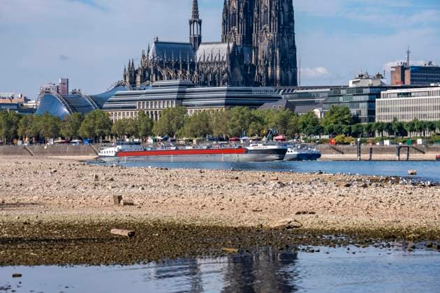 Niedrigwasser im Rhein bei Köln, Blick vom rechtsrheinischen Ufer am Rheinpark Richtung Süden, Innenstadt mit dem Dom, die Binnenschifffahrt ist stark eingeschränkt, nur wenige Schiffe fahren, dann mit stark reduzierter Ladung, am Tag der Aufnahme war es bis dato der tiefste je gemessener Rheinpegel in Köln, 60 cm, NRW, Deutschland Niedrigwasser Rhein K
