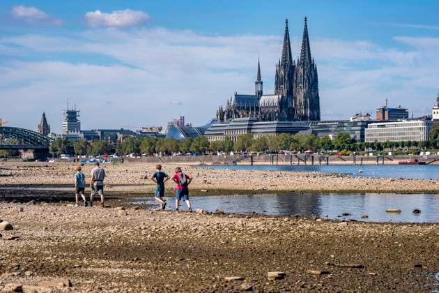 Niedrigwasser im Rhein bei Köln, Blick vom rechtsrheinischen Ufer am Rheinpark Richtung Süden, Innenstadt mit dem Dom, die Binnenschifffahrt ist stark eingeschränkt, nur wenige Schiffe fahren, dann mit stark reduzierter Ladung, am Tag der Aufnahme war es bis dato der tiefste je gemessener Rheinpegel in Köln, 60 cm, NRW, Deutschland Niedrigwasser Rhein K